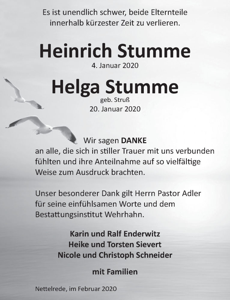  Traueranzeige für Heinrich Stumme vom 22.02.2020 aus Neue Deister-Zeitung