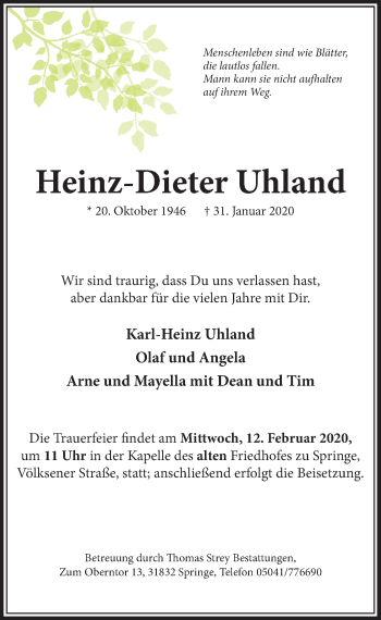Traueranzeige von Heinz-Dieter Uhland von Neue Deister-Zeitung