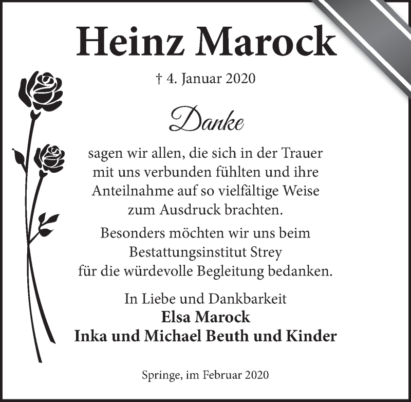  Traueranzeige für Heinz Marock vom 22.02.2020 aus Neue Deister-Zeitung