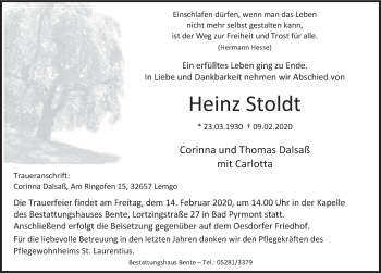 Traueranzeige von Heinz Stoldt von Deister- und Weserzeitung