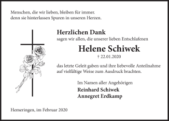 Traueranzeige von Helene Schiwek von Deister- und Weserzeitung