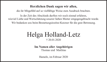 Traueranzeige von Helga Holland-Letz von Deister- und Weserzeitung