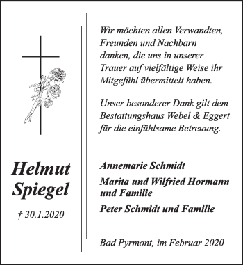 Traueranzeige von Helmut Spiegel von Deister- und Weserzeitung