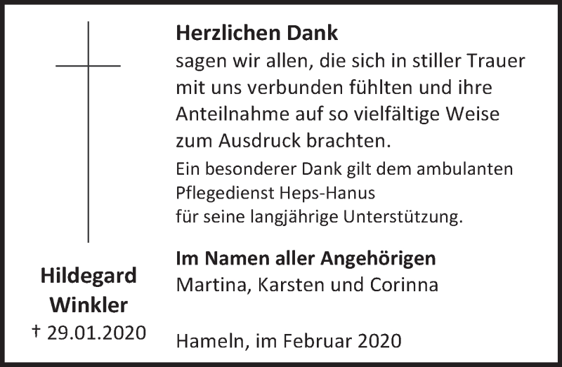  Traueranzeige für Hildegard Winkler vom 29.02.2020 aus Deister- und Weserzeitung