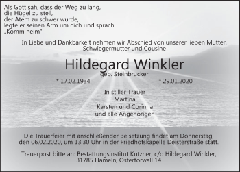 Traueranzeige von Hildegard Winkler von Deister- und Weserzeitung