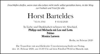 Traueranzeige von Horst Barteldes von Deister- und Weserzeitung