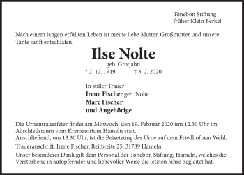 Traueranzeige von Ilse Nolte von Deister- und Weserzeitung