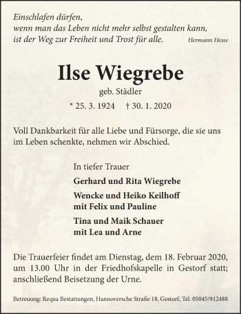 Traueranzeige von Ilse Wiegrebe von Neue Deister-Zeitung