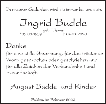 Traueranzeige von Ingrid Budde von Deister- und Weserzeitung