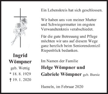 Traueranzeige von Ingrid Wömpner von Deister- und Weserzeitung