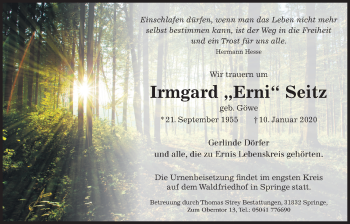 Traueranzeige von Irmgard Seitz von Neue Deister-Zeitung