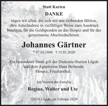 Traueranzeige von Johannes Gärtner von Deister- und Weserzeitung