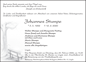 Traueranzeige von Johannes Stumpe von Deister- und Weserzeitung