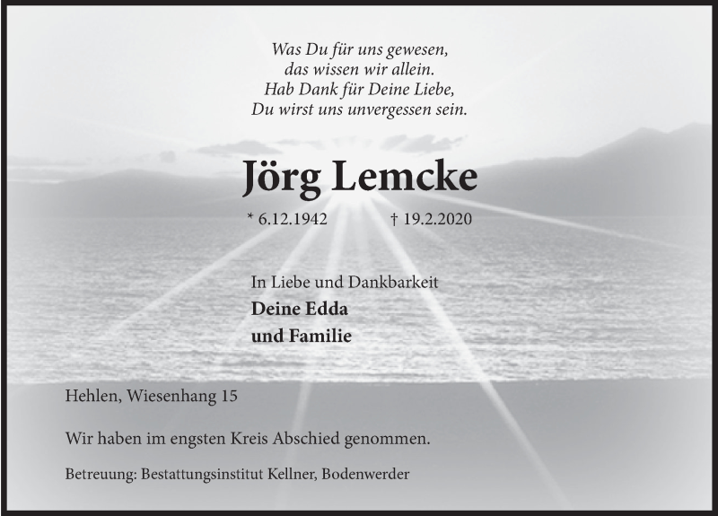  Traueranzeige für Jörg Lemcke vom 29.02.2020 aus Deister- und Weserzeitung
