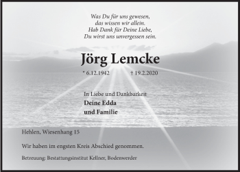 Traueranzeige von Jörg Lemcke von Deister- und Weserzeitung