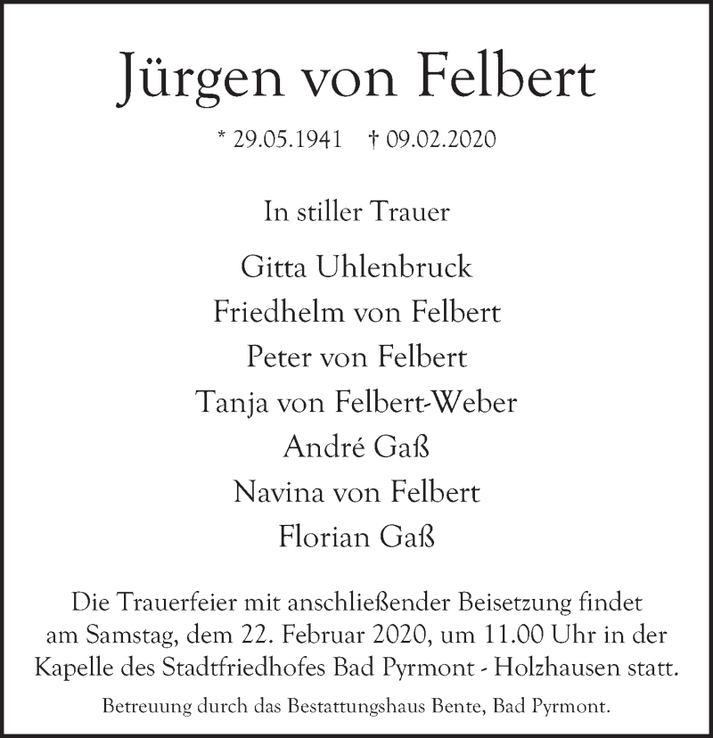  Traueranzeige für Jürgen von Felbert vom 15.02.2020 aus Deister- und Weserzeitung