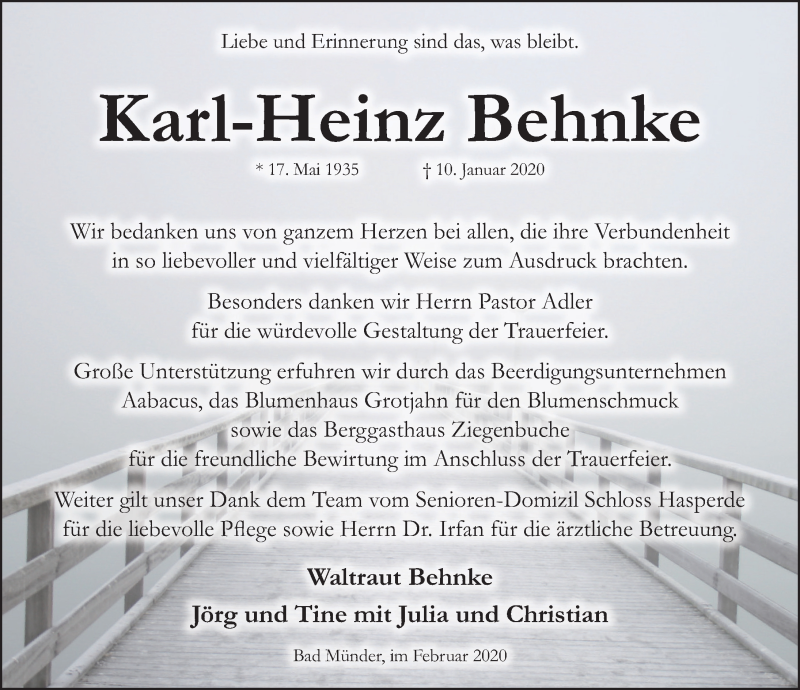  Traueranzeige für Karl-Heinz Behnke vom 15.02.2020 aus Neue Deister-Zeitung