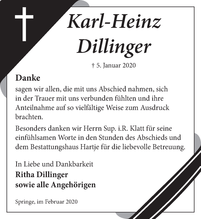  Traueranzeige für Karl-Heinz Dillinger vom 15.02.2020 aus Neue Deister-Zeitung