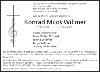 Traueranzeige von Konrad Miloš Willmer von Deister- und Weserzeitung