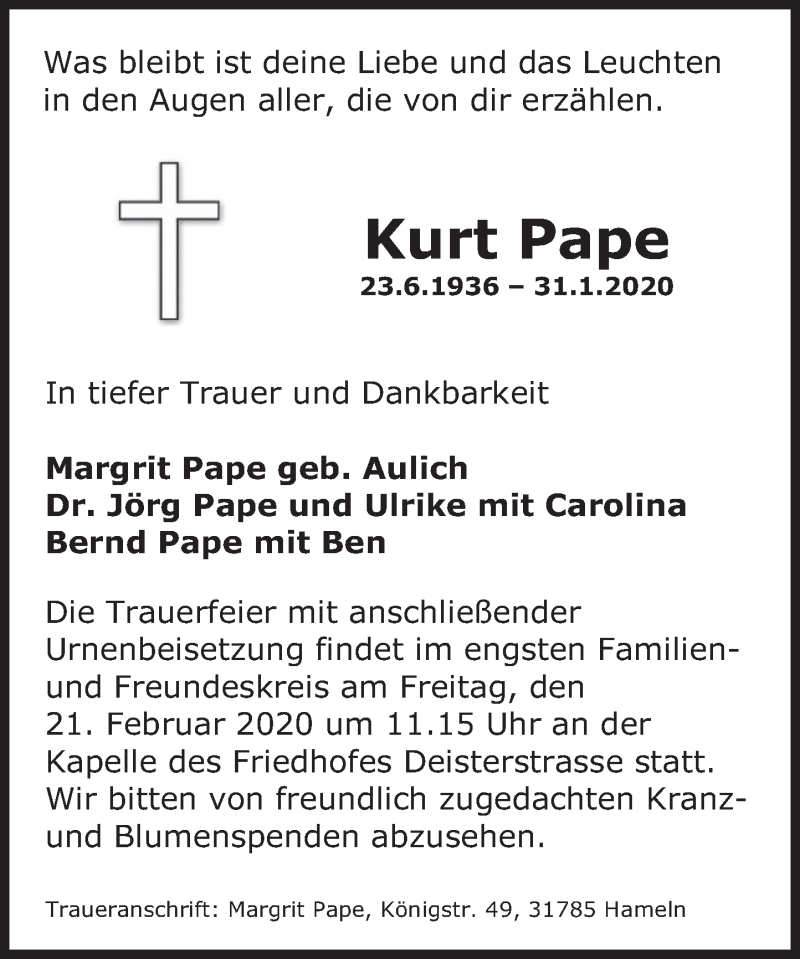  Traueranzeige für Kurt Pape vom 15.02.2020 aus Deister- und Weserzeitung