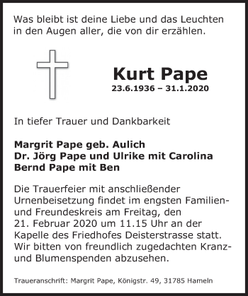 Traueranzeige von Kurt Pape von Deister- und Weserzeitung