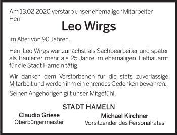 Traueranzeige von Leo Wirgs von Deister- und Weserzeitung
