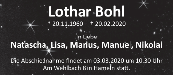 Traueranzeige von Lothar Bohl von Deister- und Weserzeitung