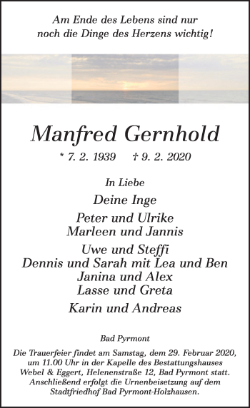 Traueranzeige von Manfred Gernhold von Deister- und Weserzeitung