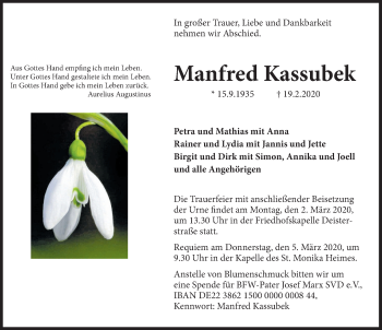 Traueranzeige von Manfred Kassubek von Deister- und Weserzeitung