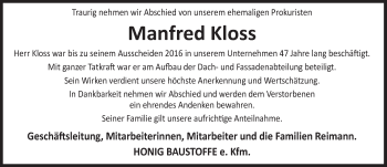Traueranzeige von Manfred Kloss von Deister- und Weserzeitung