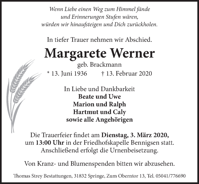  Traueranzeige für Margarete Werner vom 29.02.2020 aus Neue Deister-Zeitung