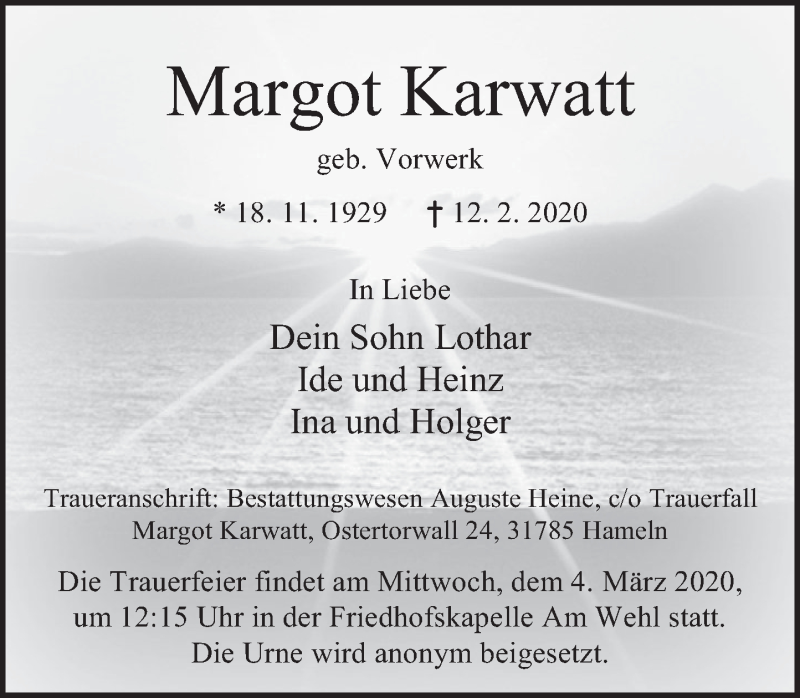  Traueranzeige für Margot Karwatt vom 29.02.2020 aus Deister- und Weserzeitung