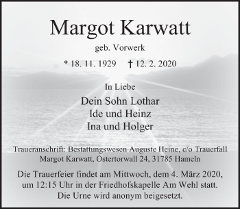 Traueranzeige von Margot Karwatt von Deister- und Weserzeitung