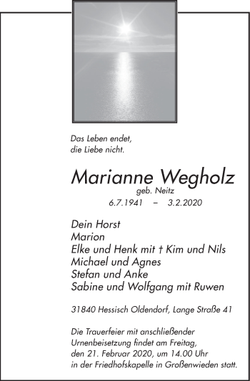 Traueranzeige von Marianne Wegholz von Deister- und Weserzeitung