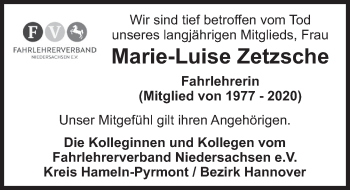 Traueranzeige von Marie-Luise Zetzsche von Deister- und Weserzeitung