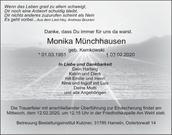 Traueranzeige von Monika Münchhausen von Deister- und Weserzeitung