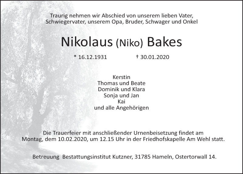  Traueranzeige für Nikolaus Bakes vom 05.02.2020 aus Deister- und Weserzeitung
