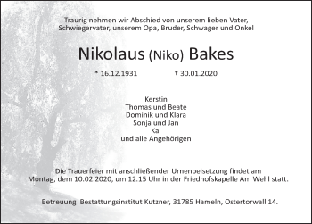 Traueranzeige von Nikolaus Bakes von Deister- und Weserzeitung