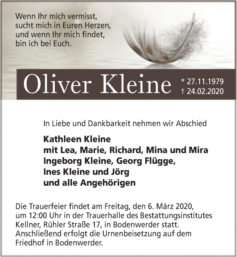  Traueranzeige für Oliver Kleine vom 29.02.2020 aus Neue Deister-Zeitung
