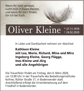 Traueranzeige von Oliver Kleine von Neue Deister-Zeitung