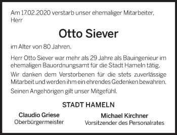 Traueranzeige von Otto Siever von Deister- und Weserzeitung