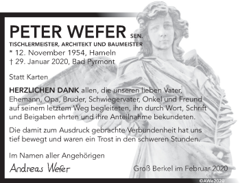 Traueranzeige von Peter Wefer von Deister- und Weserzeitung