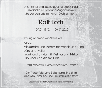 Traueranzeige von Ralf Loth von Deister- und Weserzeitung