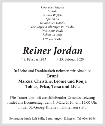 Traueranzeige von Reiner Jordan von Neue Deister-Zeitung