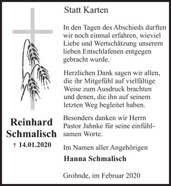 Traueranzeige von Reinhard Schmalisch von Deister- und Weserzeitung