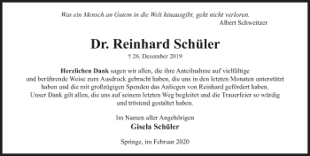 Traueranzeige von Reinhard Schüler von Neue Deister-Zeitung