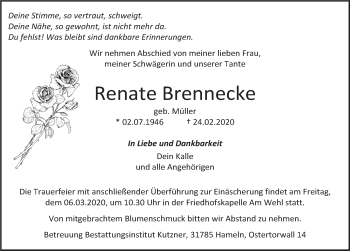 Traueranzeige von Renate Brennecke von Deister- und Weserzeitung