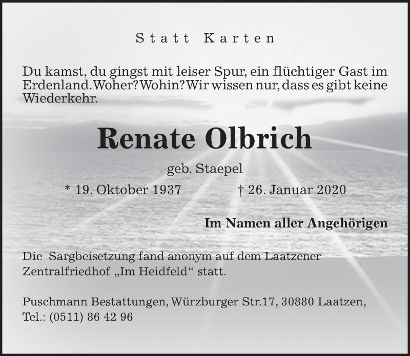  Traueranzeige für Renate Olbrich vom 14.02.2020 aus Neue Deister-Zeitung