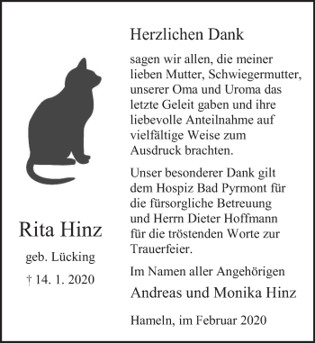 Traueranzeige von Rita Hinz von Deister- und Weserzeitung