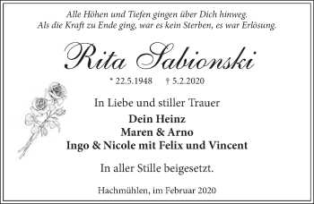 Traueranzeige von Rita Sabionski 